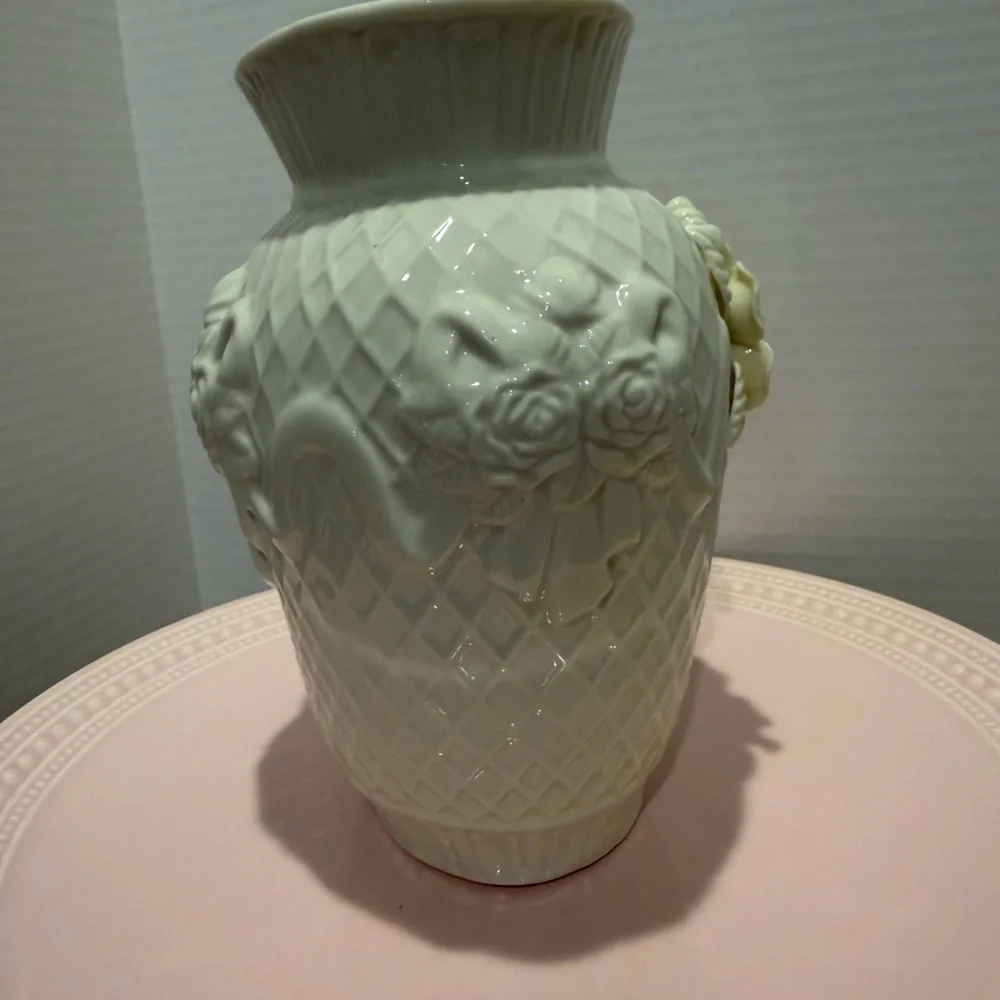 Vintage Ivory Ceramic Vase Embossed Floral Rose Basketweave Pattern